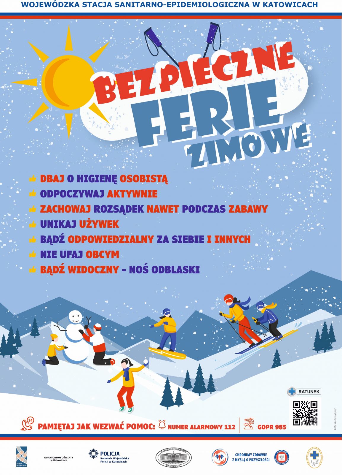 Plakat dotyczący bezpiecznych ferii z wypisanymi zasadami bezpieczeństwa